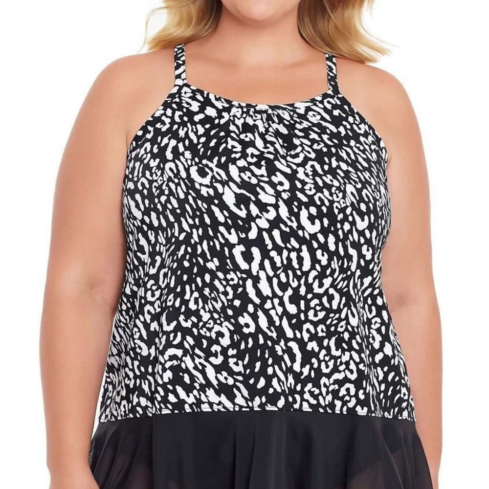 Swim Solutions Going Boldly Pleated High-Neck Ruffle Top, BLACK, 20W